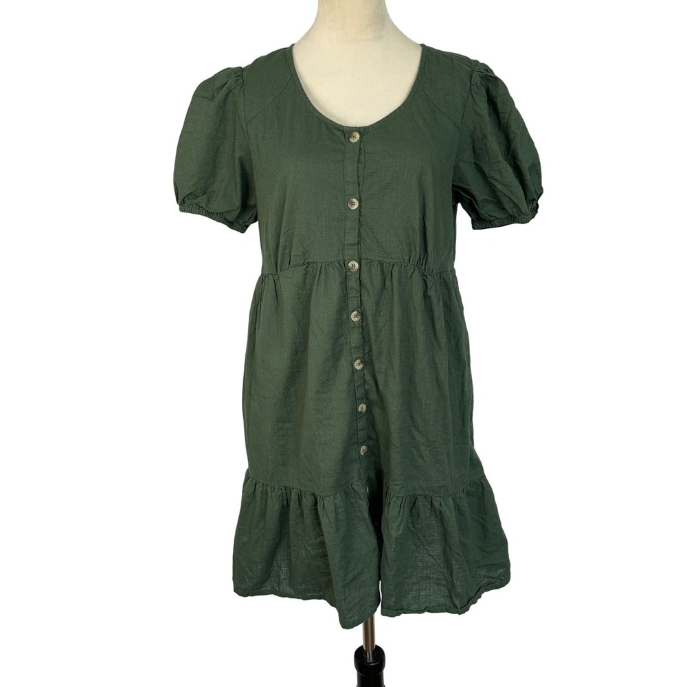 Honey Button Front Dress Puff‎ Sleeve Tiered Hem Casual Green Women's Large